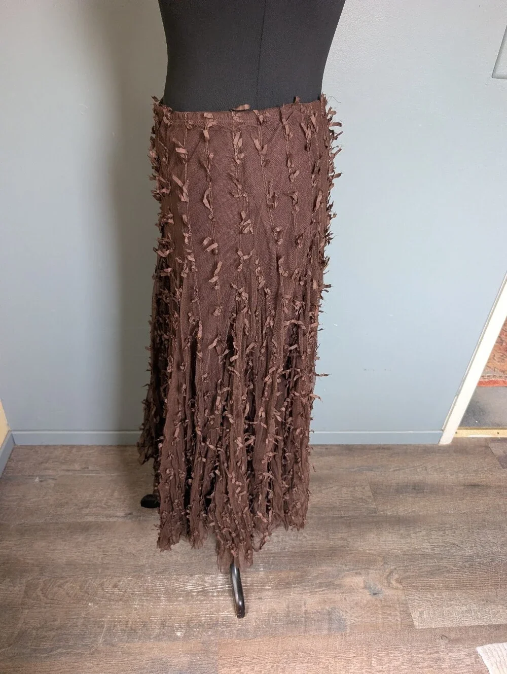 Handkerchief Hem Brown Tulle Ribbon Midi Skirt - Picture 8 of 11